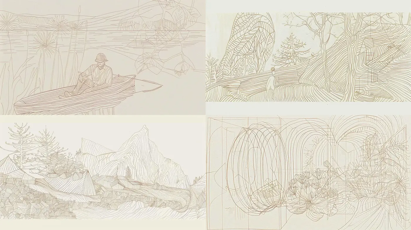 Whimsical Sepia-Toned Line Art Landscapes - Midjourney sref style
