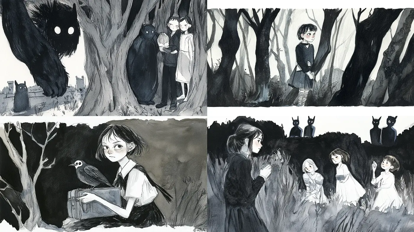 Ethereal Monochrome Fantasy: A Whimsical Noir Illustration Series - Midjourney sref style