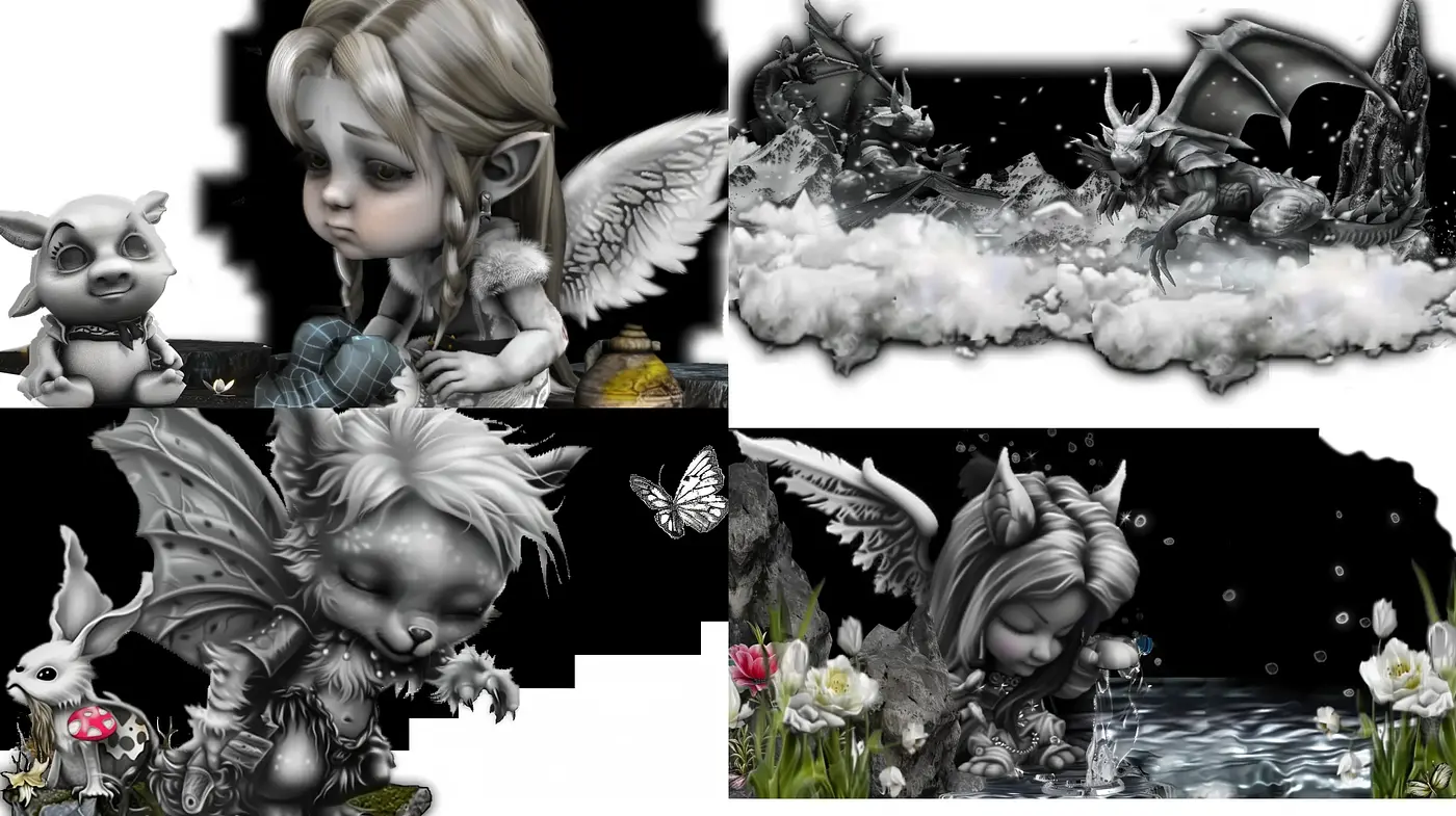 Monochromatic Fantasy Dreamscape with Stylized Textures - Midjourney sref style