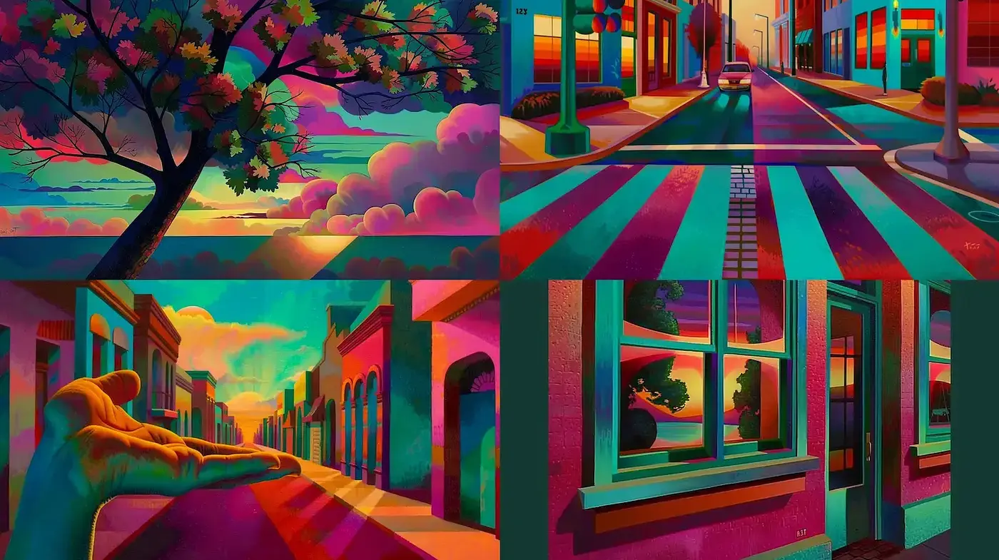 Vibrant and Dreamlike Urban Landscapes with Abstract Elements - Midjourney sref style