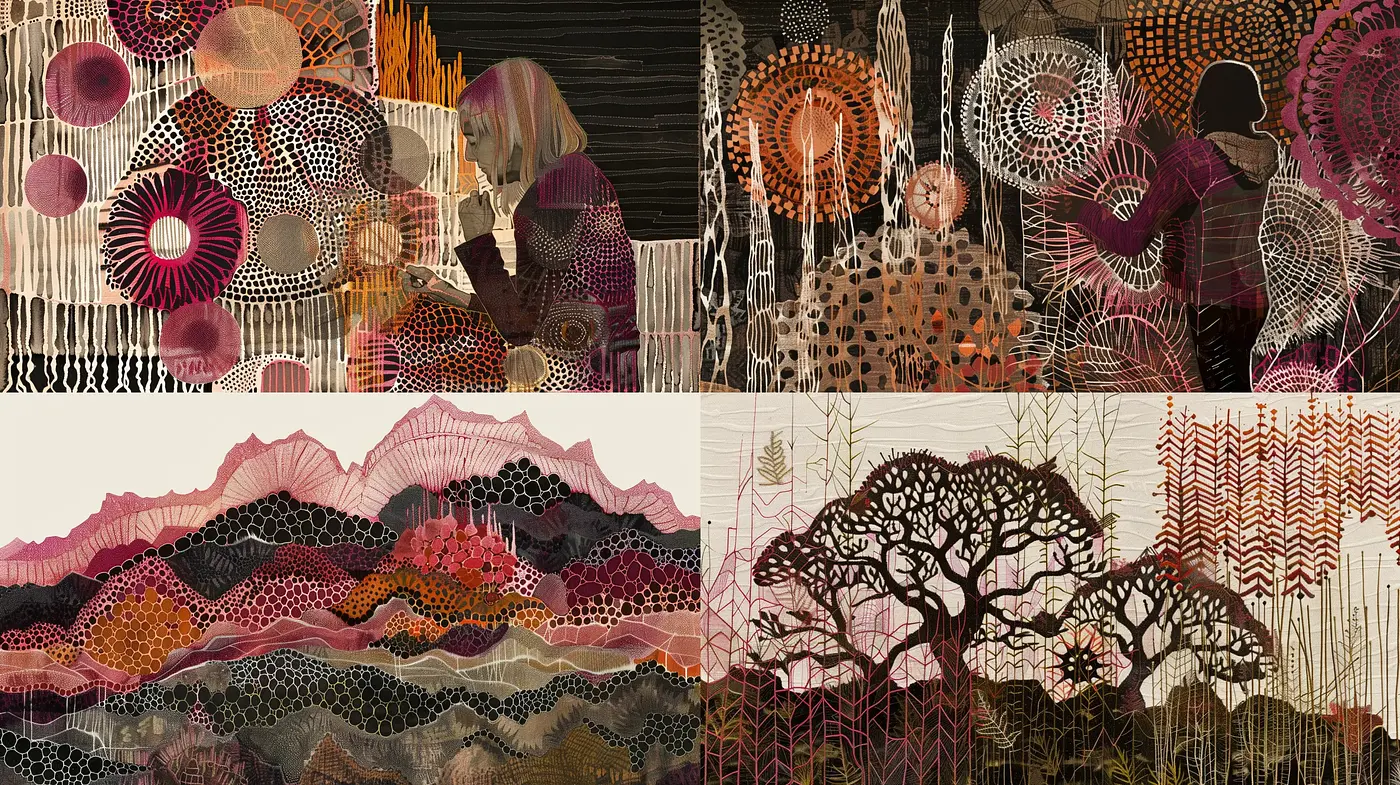 Abstract Textural Mosaic: A Tapestry of Nature and Human Silhouettes - Midjourney sref style