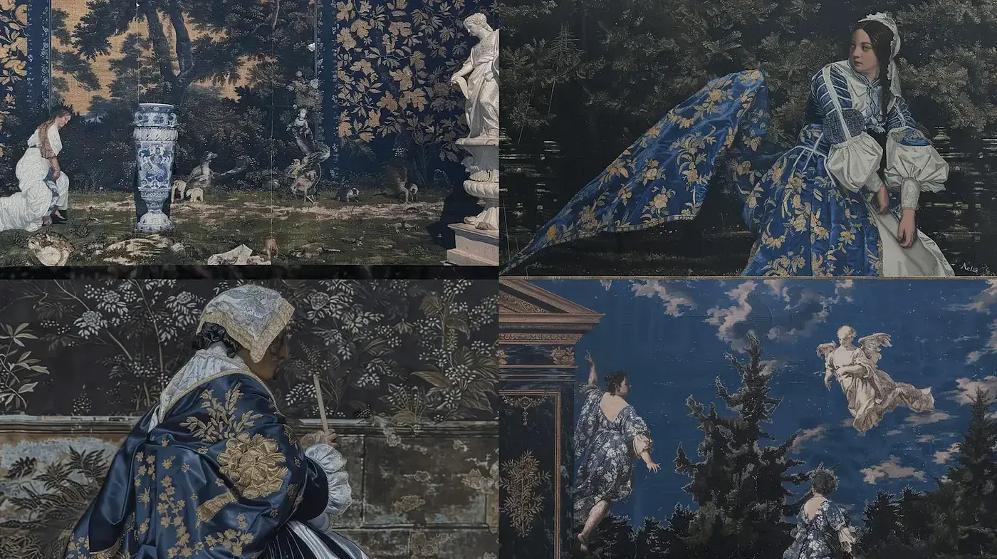 Elegant depictions of historical and mythical scenes with floral patterns and rich textures - Midjourney sref style