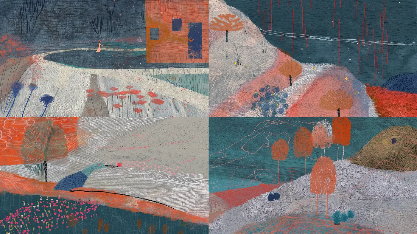 Abstracted Landscape Textures with Stylized Topographical Impressions - Midjourney sref style