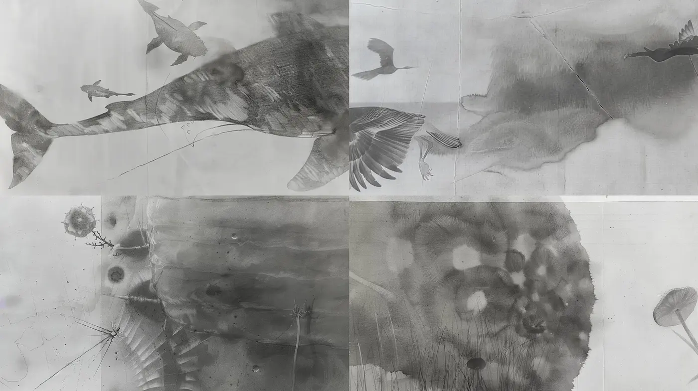 Ethereal Monochrome Dreamscape in Graphite Shades - Midjourney sref style