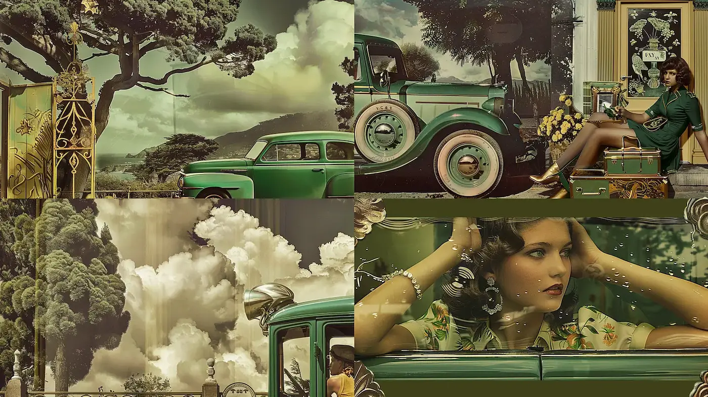 Elegant and Nostalgic Art Deco Rendering with Green Tones - Midjourney sref style