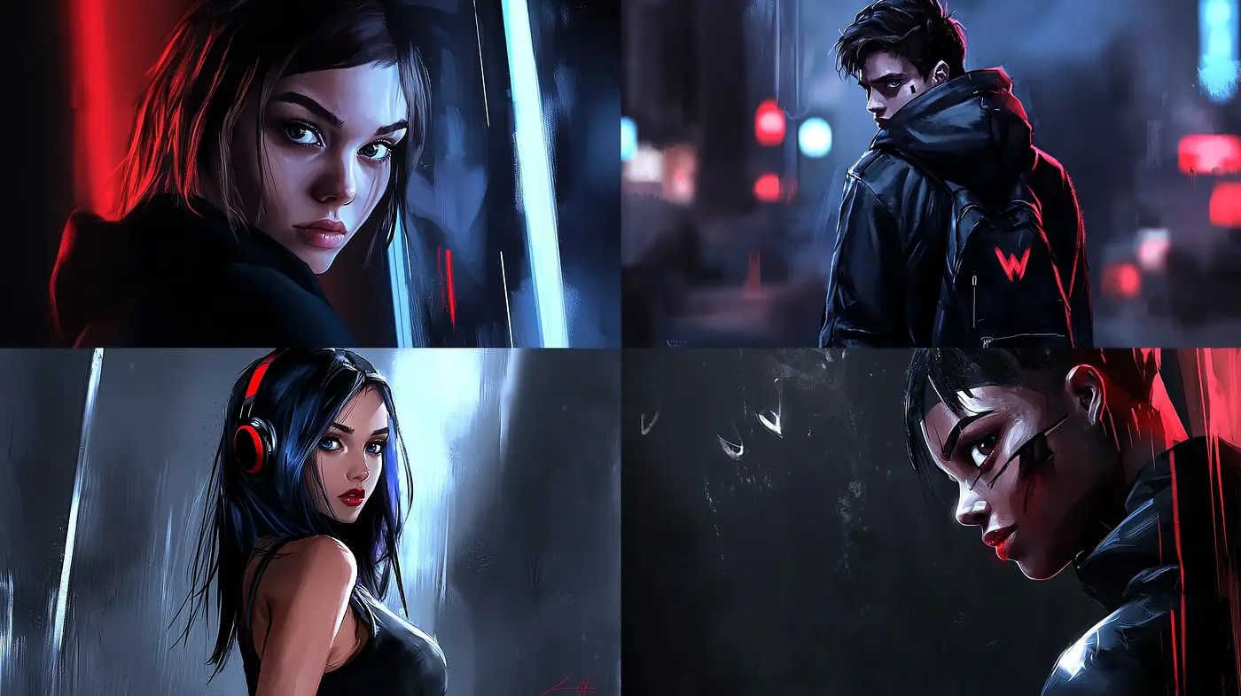 Nocturnal Urban Elegance: Cyber-Noir Character Portraits with Luminous Contrasts - Midjourney sref style