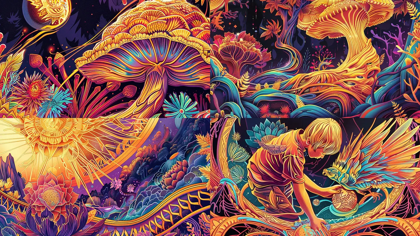 Psychedelic Dreamscape: A Vivid Blend of Surrealism and Fantasy - Midjourney sref style
