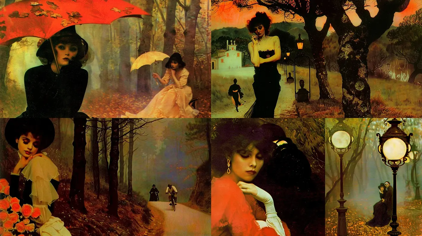 Ethereal Autumnal Hues: A Fusion of Vintage Romanticism and Misty Landscapes - Midjourney sref style