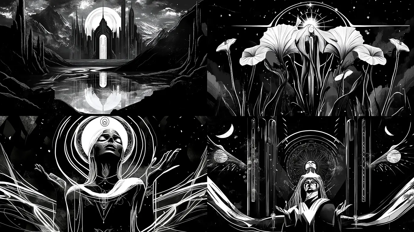 Monochromatic Mystique: A Fusion of Gothic and Art Nouveau Elements - Midjourney sref style