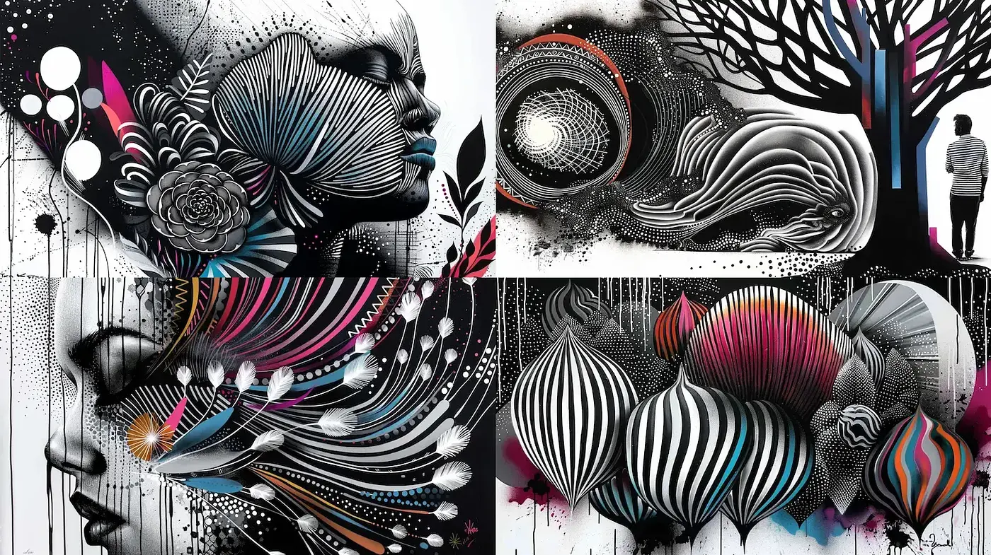 Dynamic Illustrative Fusion of Form and Pattern with a Monochromatic Palette - Midjourney sref style