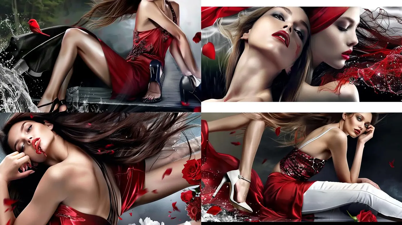 Ethereal Elegance with a Touch of Crimson: A High-Fashion Fantasy Fusion - Midjourney sref style
