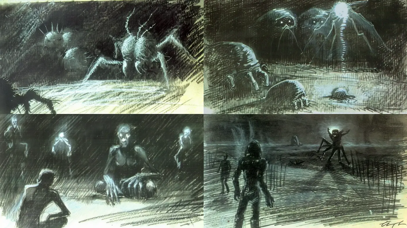 Ethereal Nocturnal Sketches: A Study in Shadowy Sci-fi Artistry - Midjourney sref style