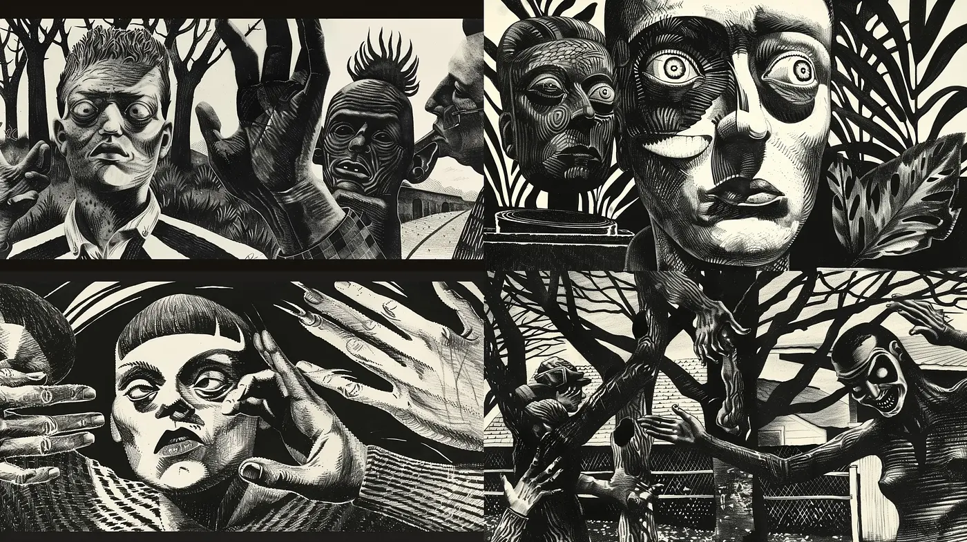 Monochrome Expressive Woodcut Narrative - Midjourney sref style