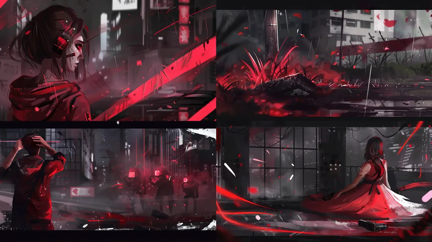 Crimson Echoes in Urban Dystopia - Midjourney sref style