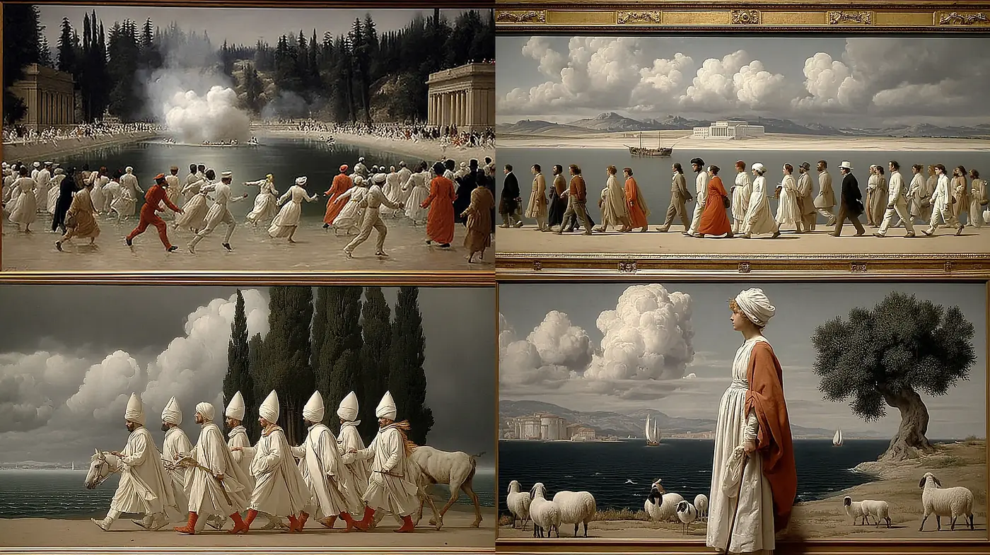Ethereal and Grand Historical Narratives Blending Realism and Impressionism - Midjourney sref style