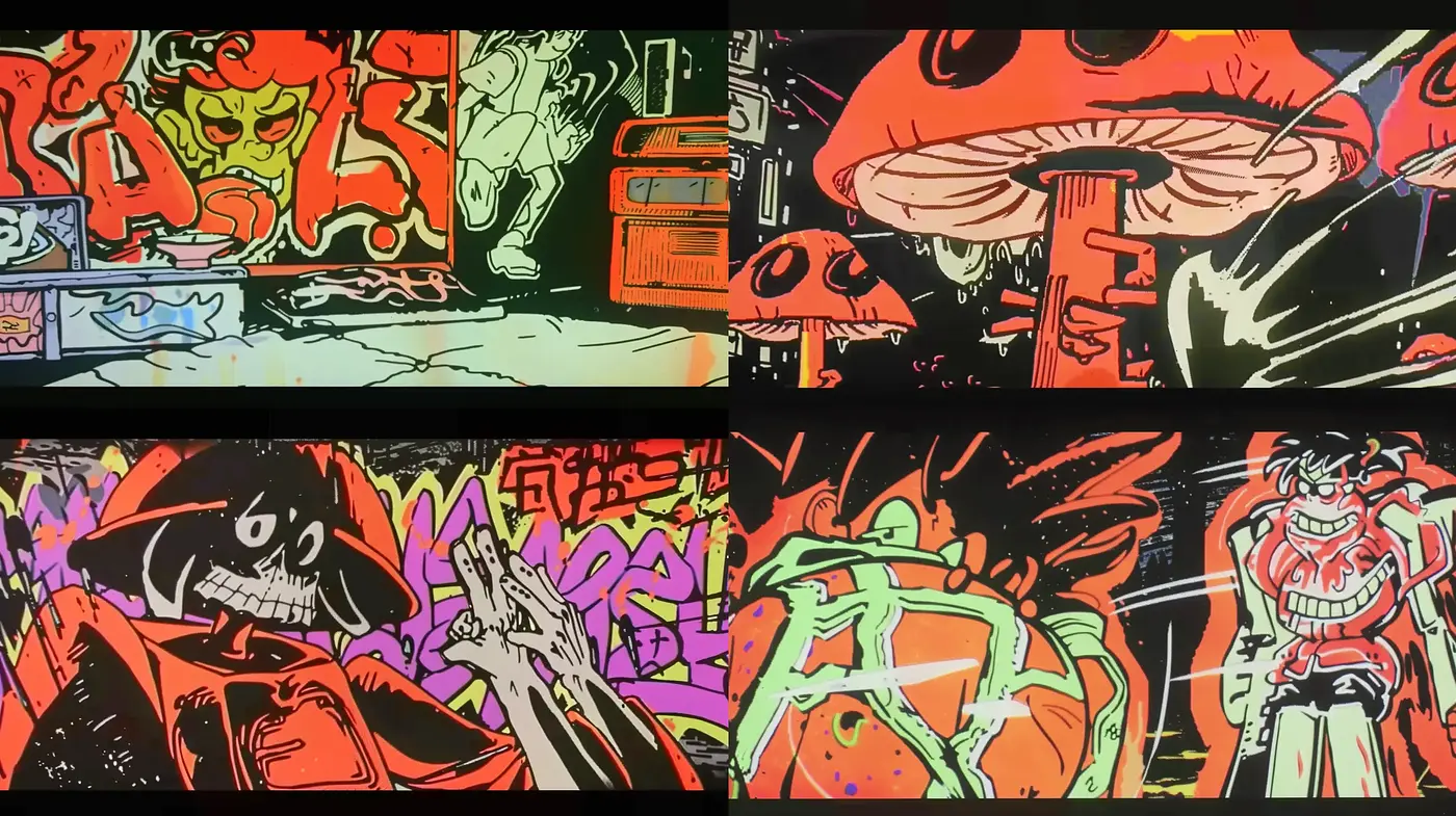 Energetic Graffiti Extravaganza with Psychedelic Undertones - Midjourney sref style