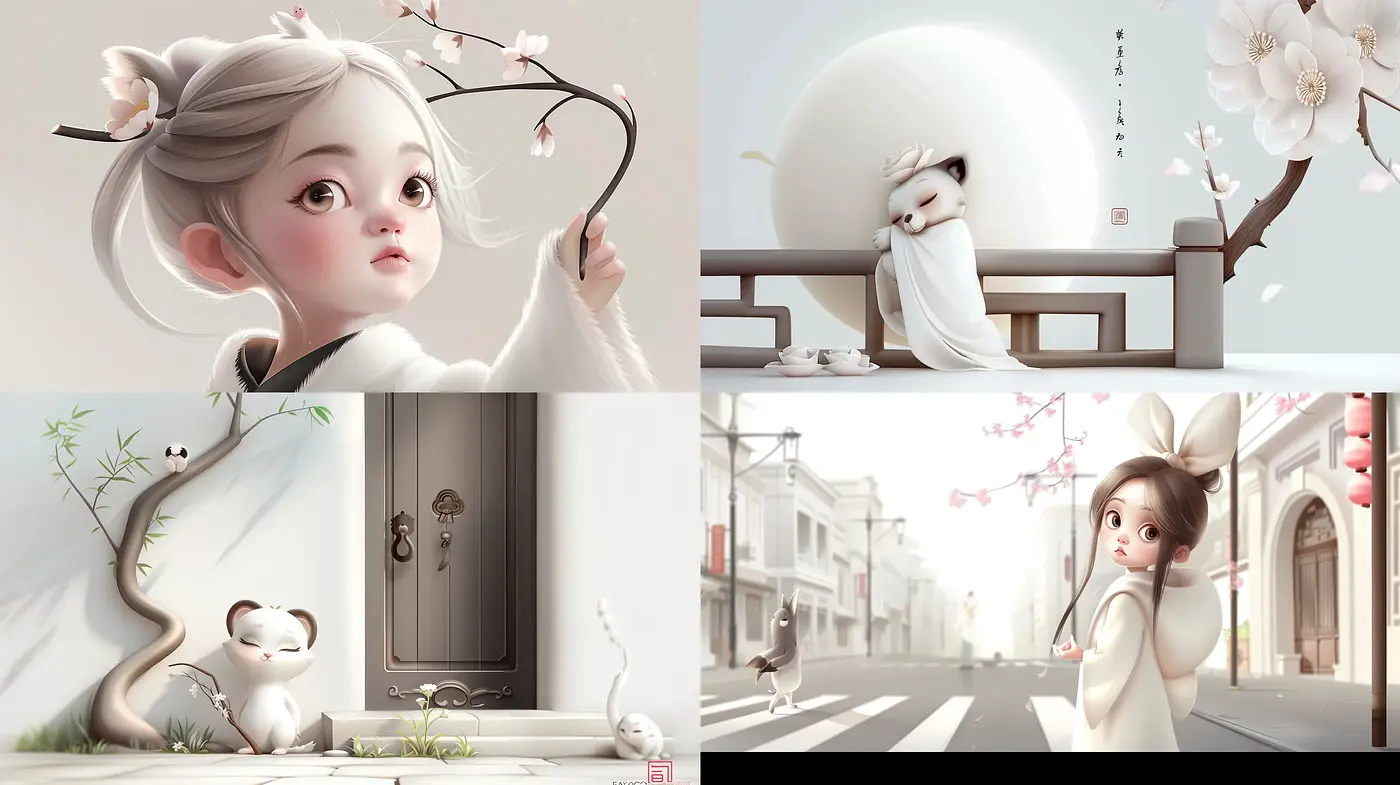 Serene Whimsy in Monochromatic Pastel: A Harmonious Blend of Anime and Modern Fantasy - Midjourney sref style
