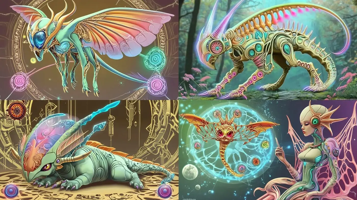 Surreal Mythical Creatures in a Psychedelic Dreamscape - Midjourney sref style