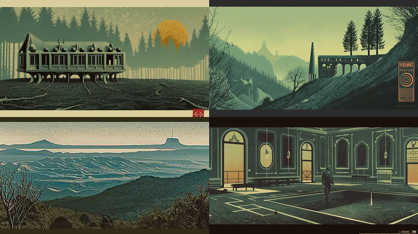 Mysterious Twilight Hues in Stylized Landscapes - Midjourney sref style