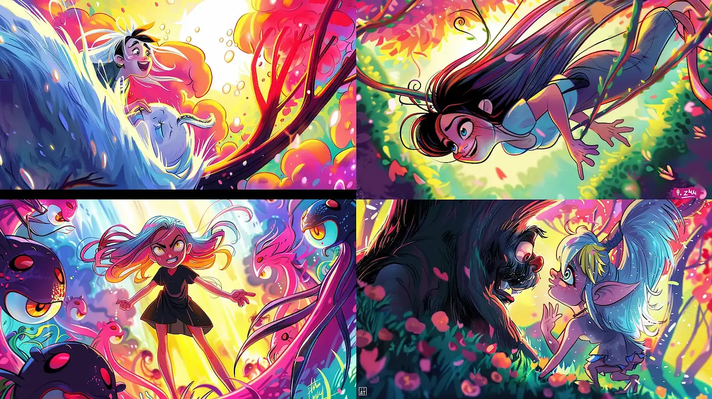Vibrant and Playful Fantasy Illustrations with Whimsical Characters - Midjourney sref style