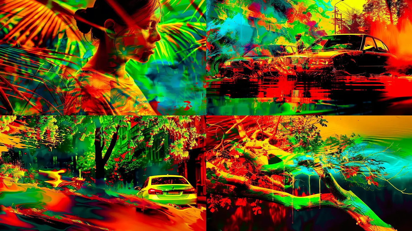 Vibrant Psychedelic Dreamscape: An Abstract Fusion of Vivid Hues and Surrealist Forms - Midjourney sref style