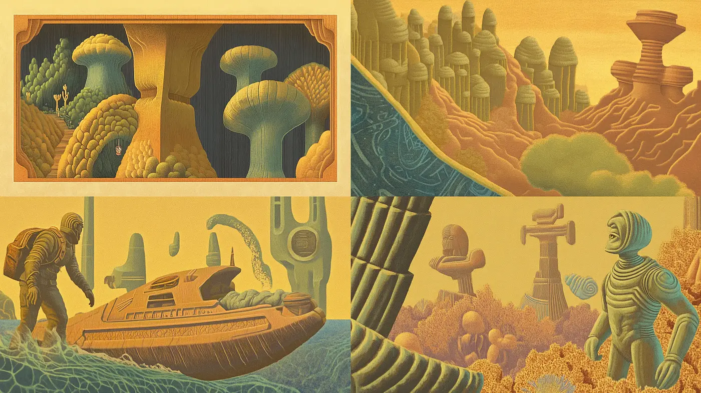 Retro-Futuristic Exploration in Earthy Tones - Midjourney sref style