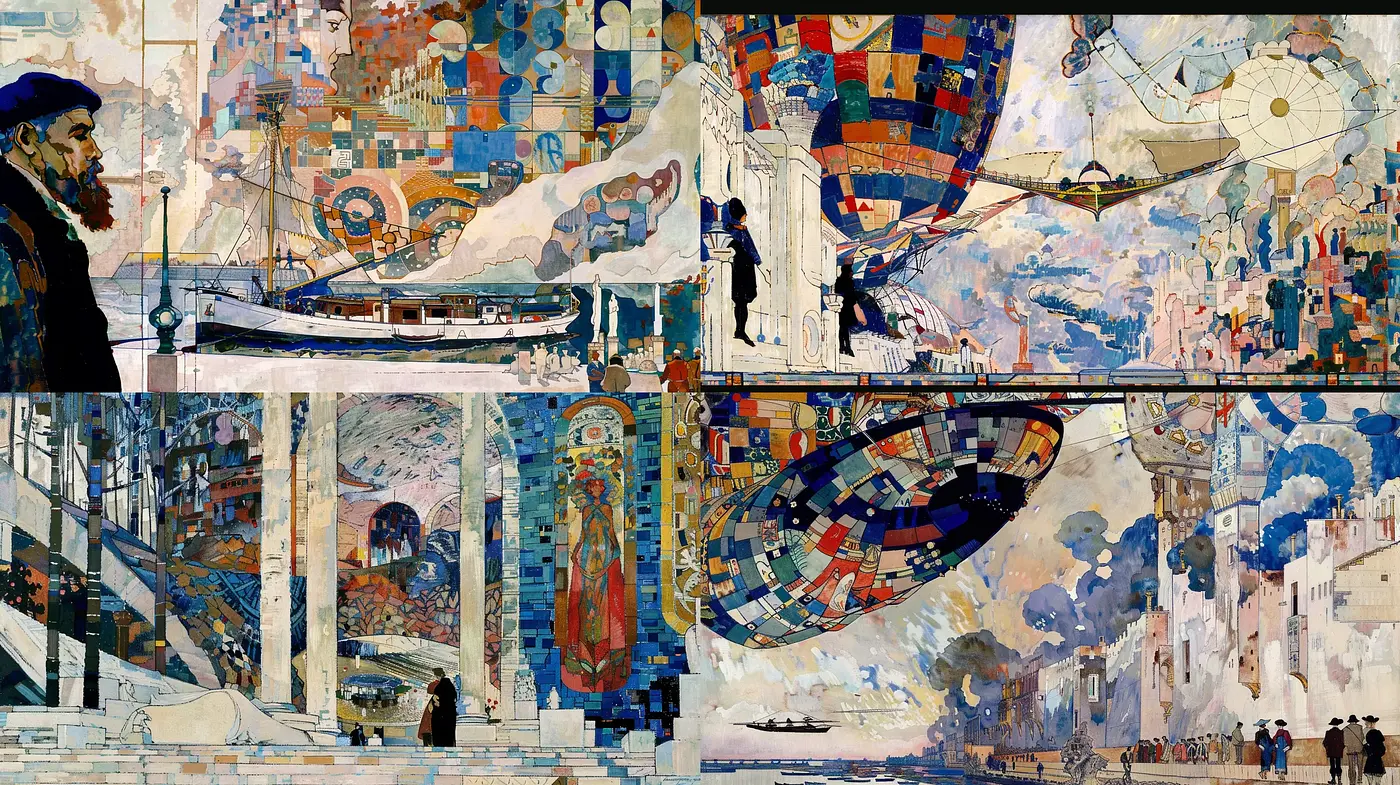 Kaleidoscopic Cubist Dreamscapes Melding Historical and Futuristic Elements - Midjourney sref style