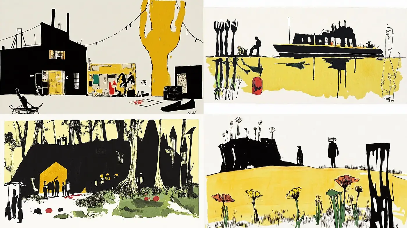 Abstract Silhouette Horizons with Expressive Yellow Ink Wash - Midjourney sref style