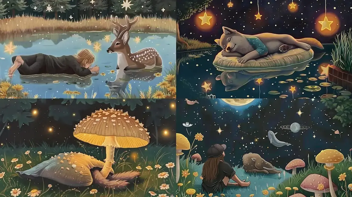 Enchanted Nocturnal Dreamscape with Whimsical Fauna - Midjourney sref style
