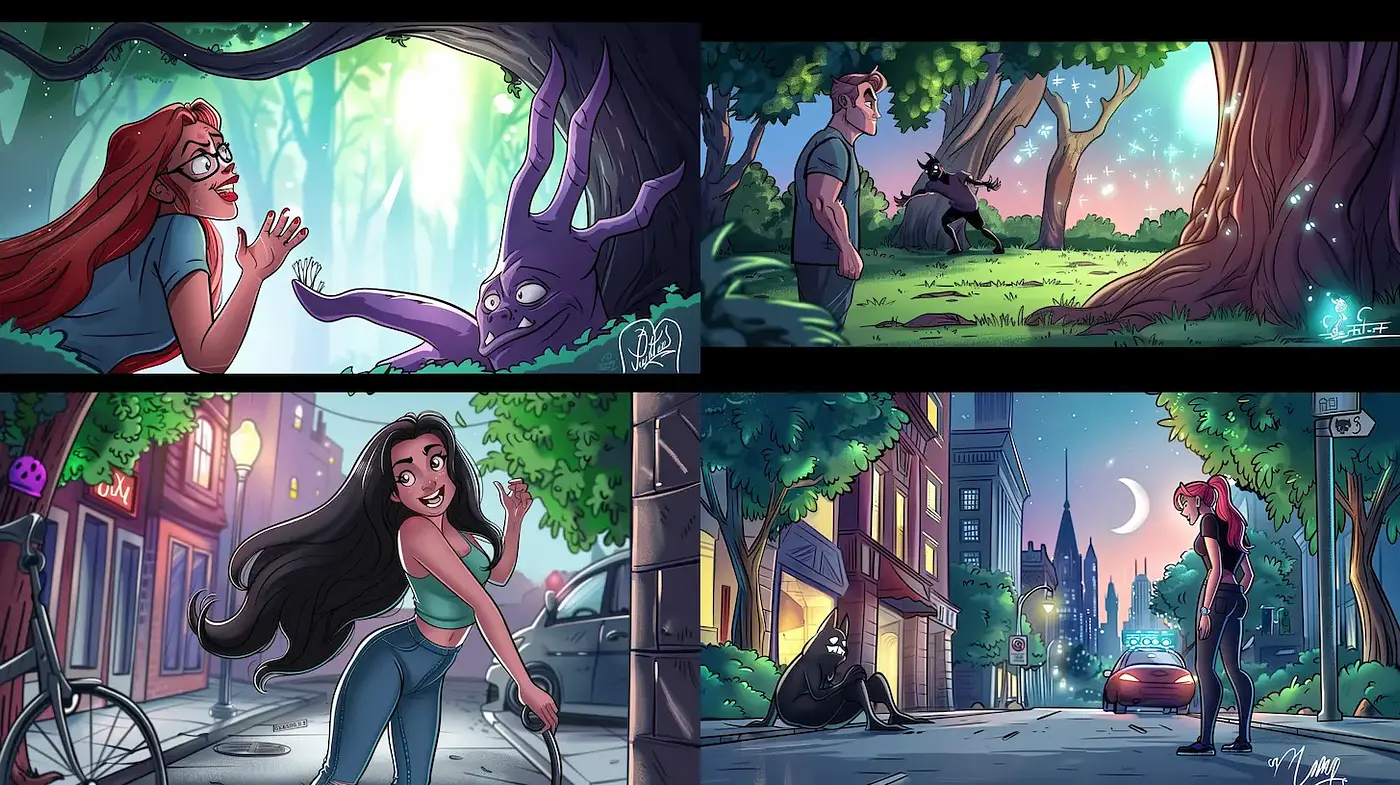 Playful cartoon aesthetic with whimsical elements and vibrant scenery - Midjourney sref style