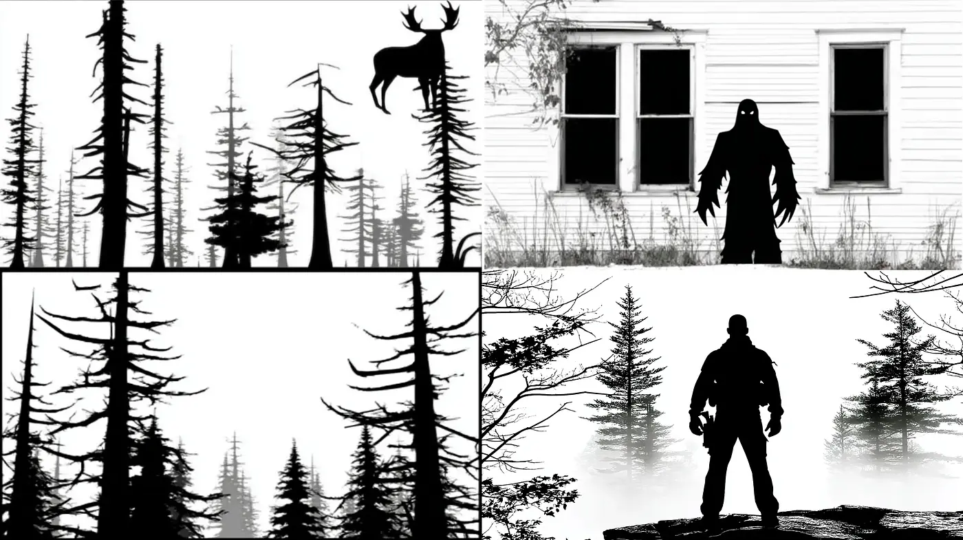Monochromatic Forest Silhouettes with a Haunting Aesthetic - Midjourney sref style