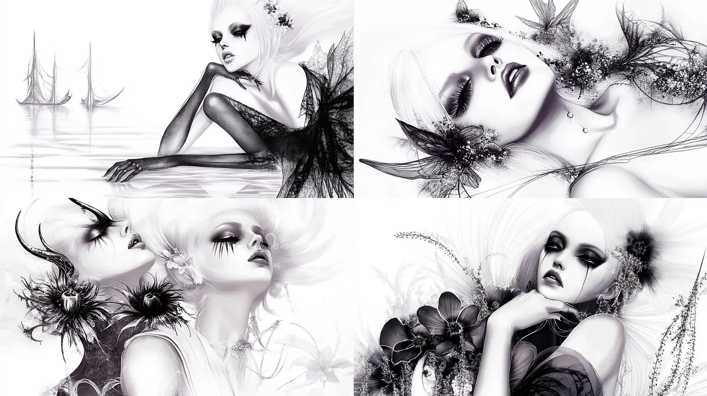 Monochromatic Dreamscape with Gothic and Avant-Garde Elements - Midjourney sref style