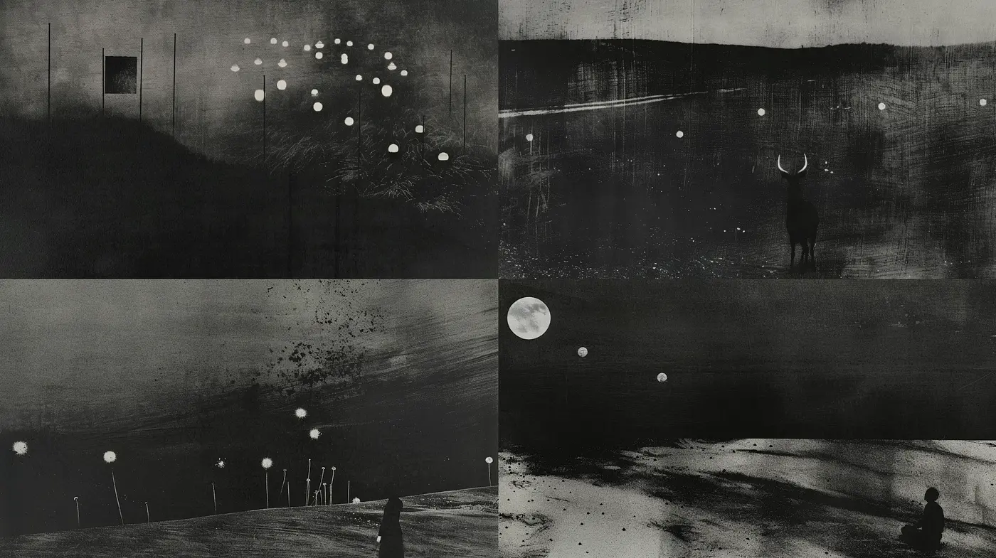 Monochrome Dreamscape in Textured Noir - Midjourney sref style