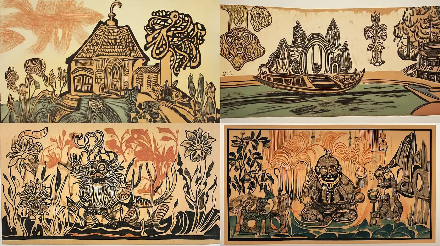 Mythical Woodcut Tapestry in Warm Sepia Tones - Midjourney sref style
