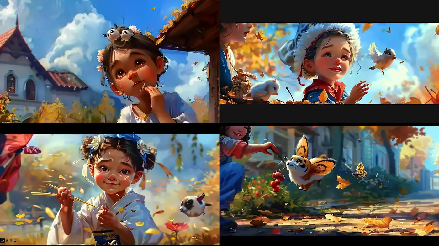Charming, whimsical storytelling with a vibrant outdoor ambiance and a playful spirit - Midjourney sref style