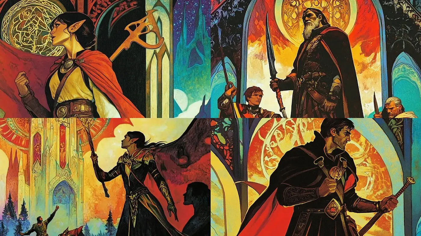 Epic Saga Illustrative Fusion with Stylized Fantasy Artistry - Midjourney sref style