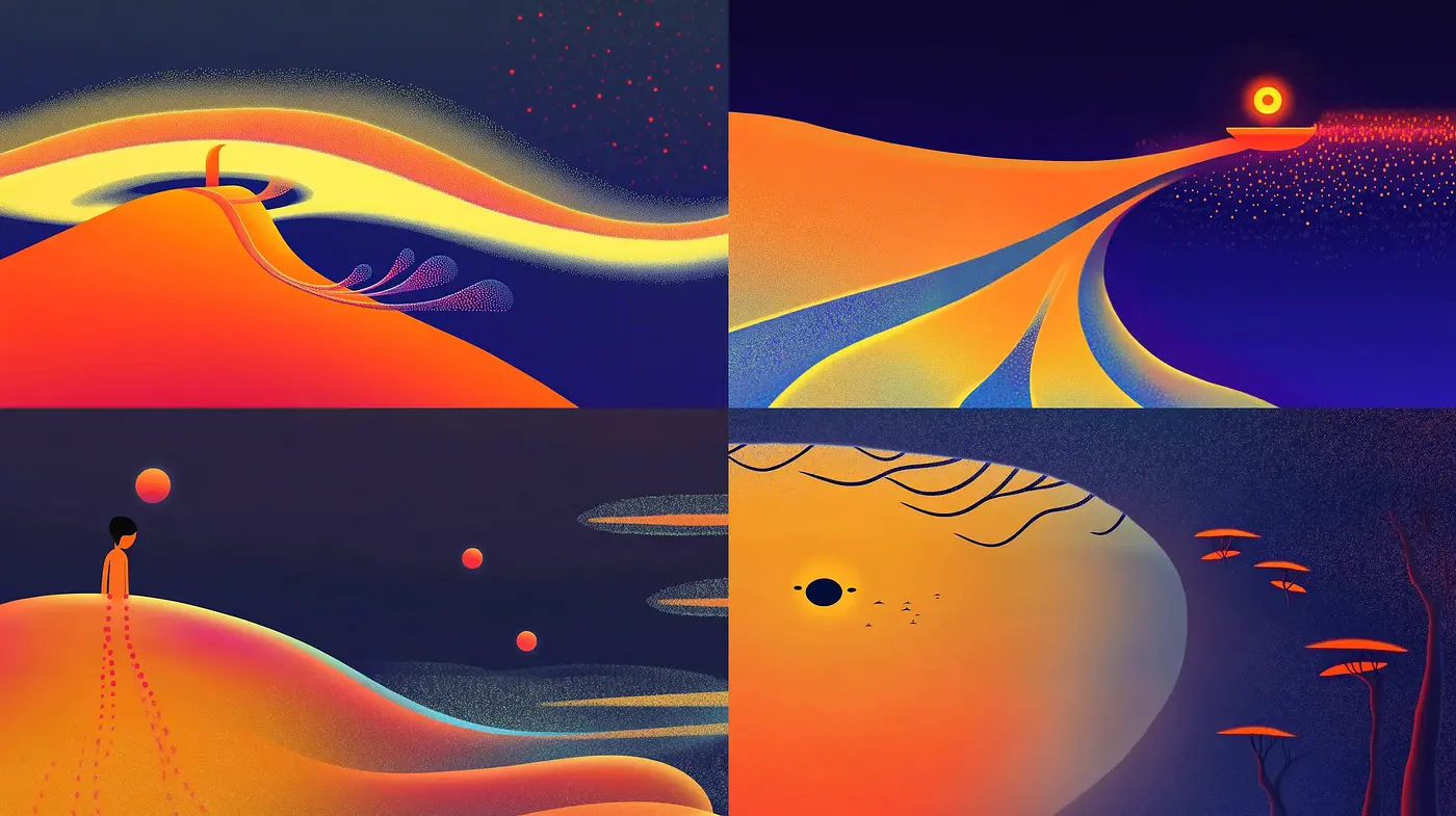 Surreal Dusk Dreamscape with Warm Gradient Overtones - Midjourney sref style