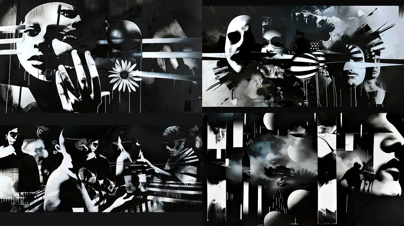 Monochromatic Mosaic of Abstracted Cinema - Midjourney sref style