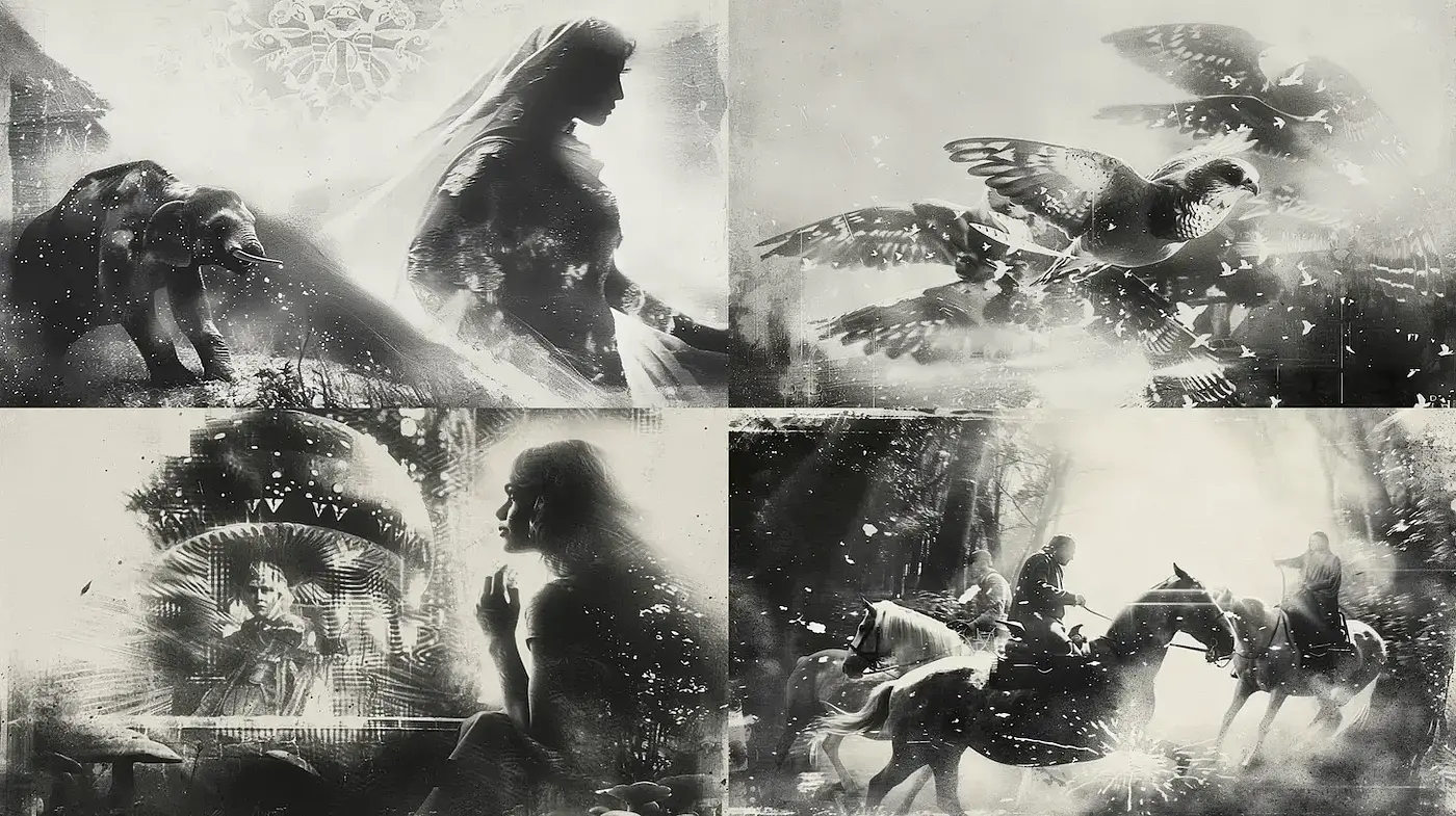 Ethereal Monochrome Dreamscape with Dynamic Movement - Midjourney sref style