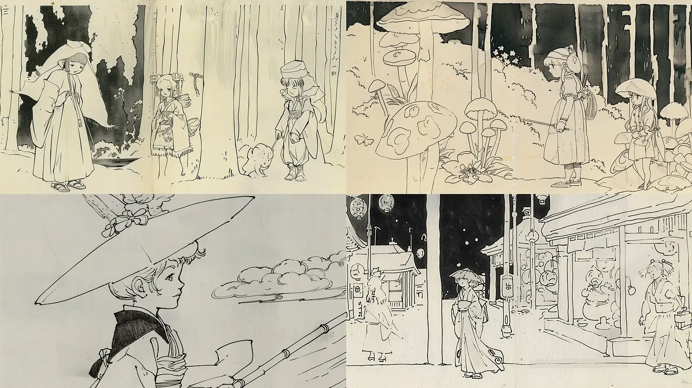 Monochrome Ink-Wash Illustrative Narratives - Midjourney sref style