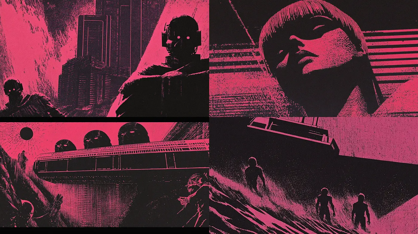 Futuristic Noir Elegance: A Study in Monochrome Crimson and Shadow - Midjourney sref style