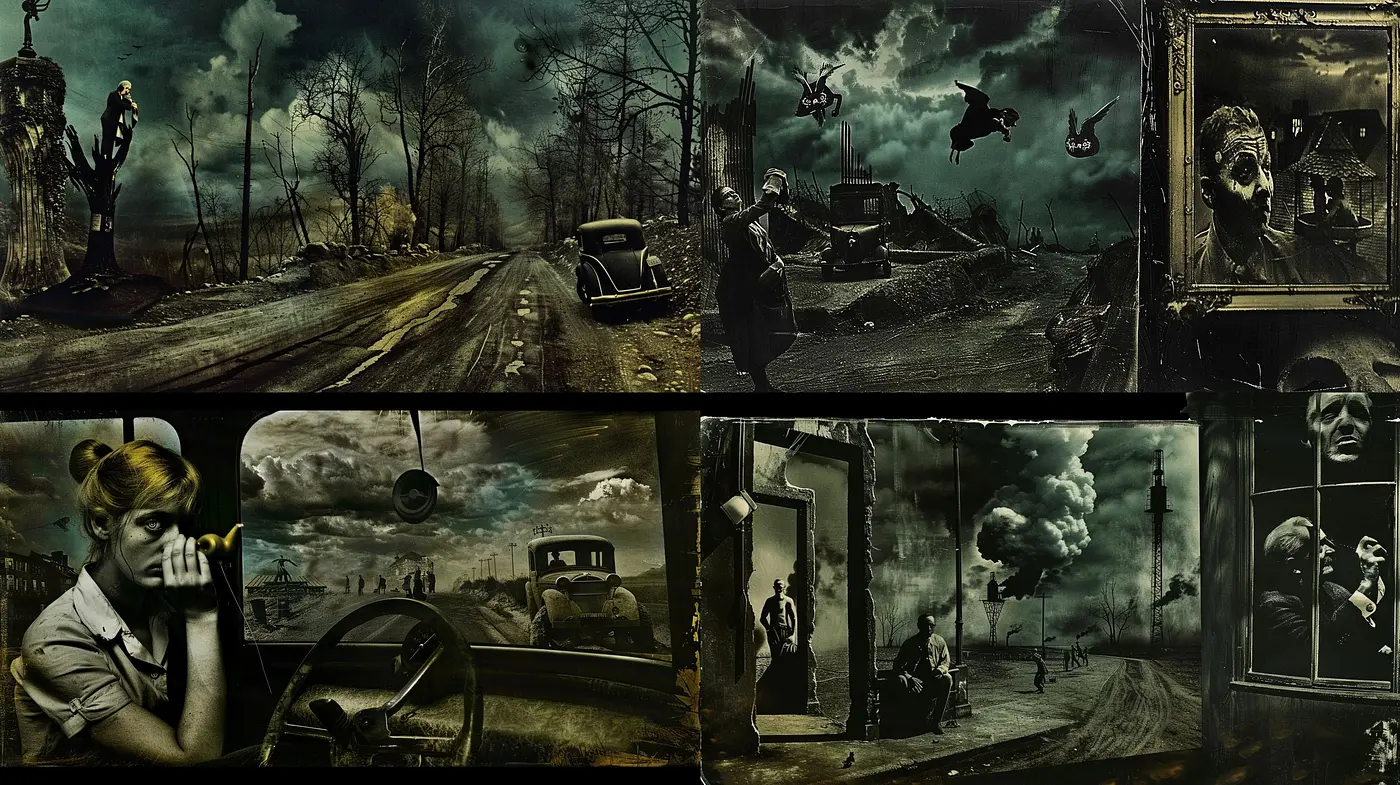 Moody Cinematic Tableau with a Surreal Noir Twist - Midjourney sref style
