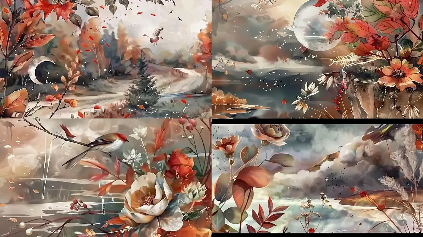 Serene Autumnal Landscapes with Organic Elements - Midjourney sref style