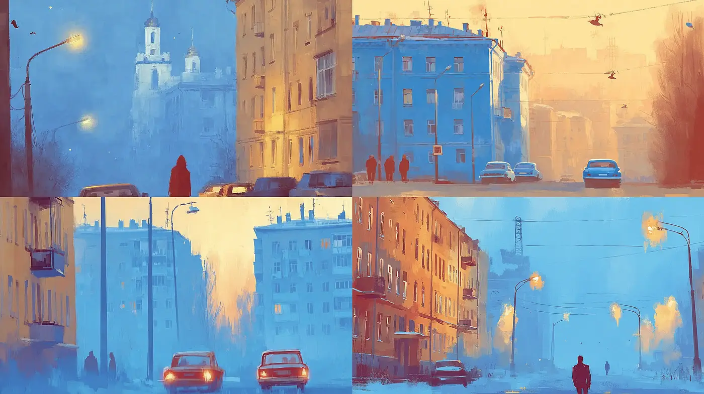 Moody urban landscapes with a dreamlike quality in cool hues - Midjourney sref style