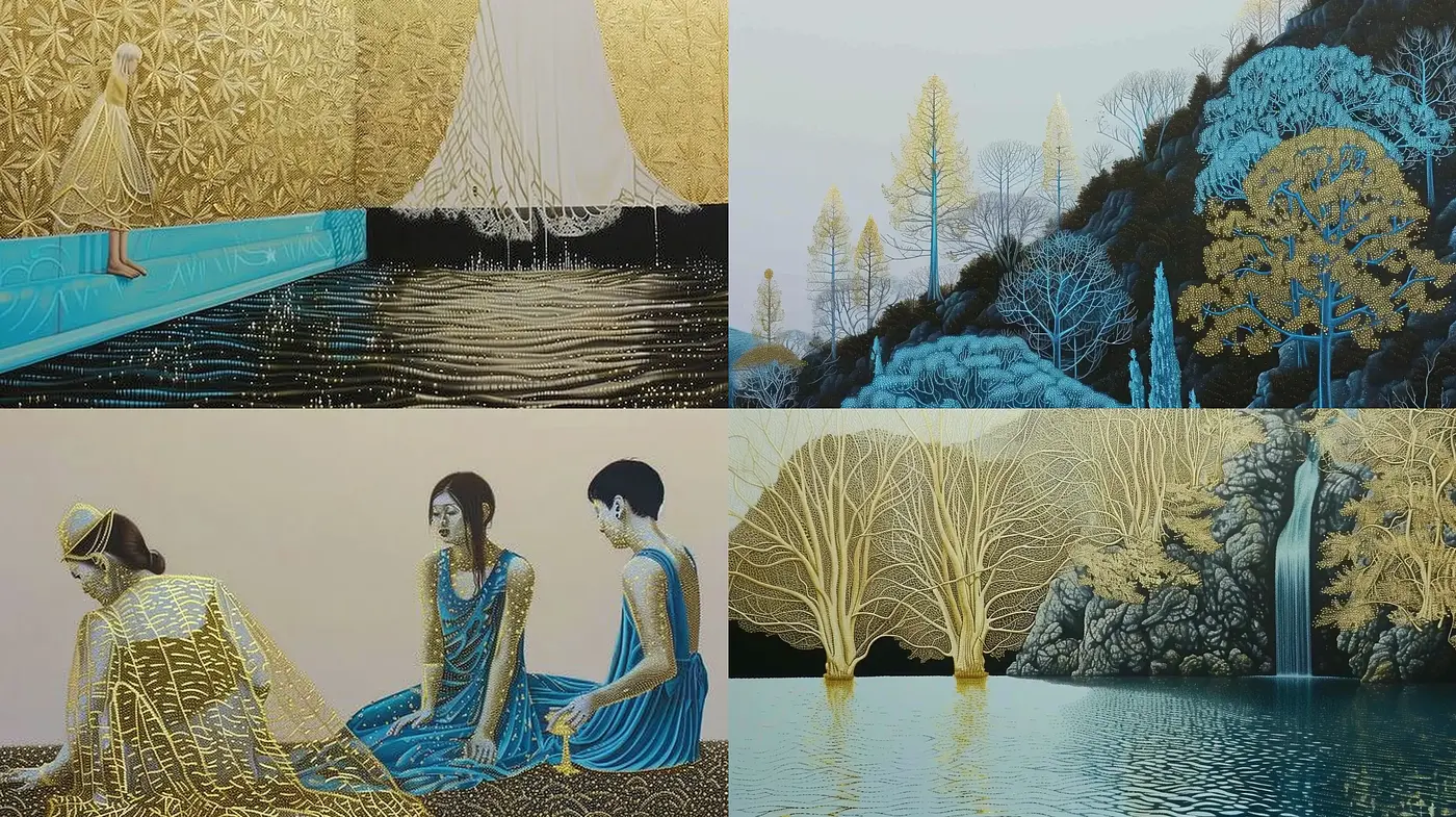 Ethereal Visions in Gold and Aquamarine: A Harmony of Luminous Nature and Elegance - Midjourney sref style