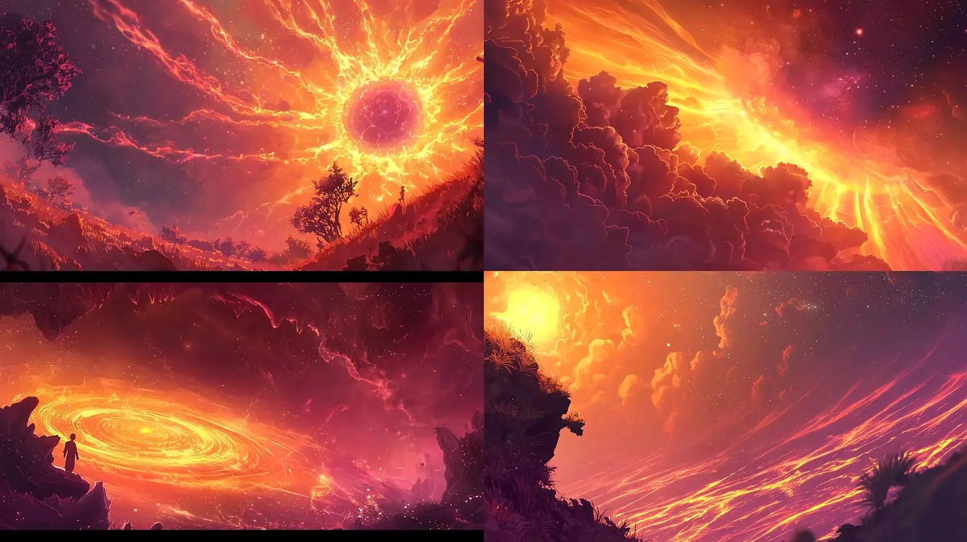 Cosmic Blaze: An Odyssey of Fiery Skies in Digital Art - Midjourney sref style