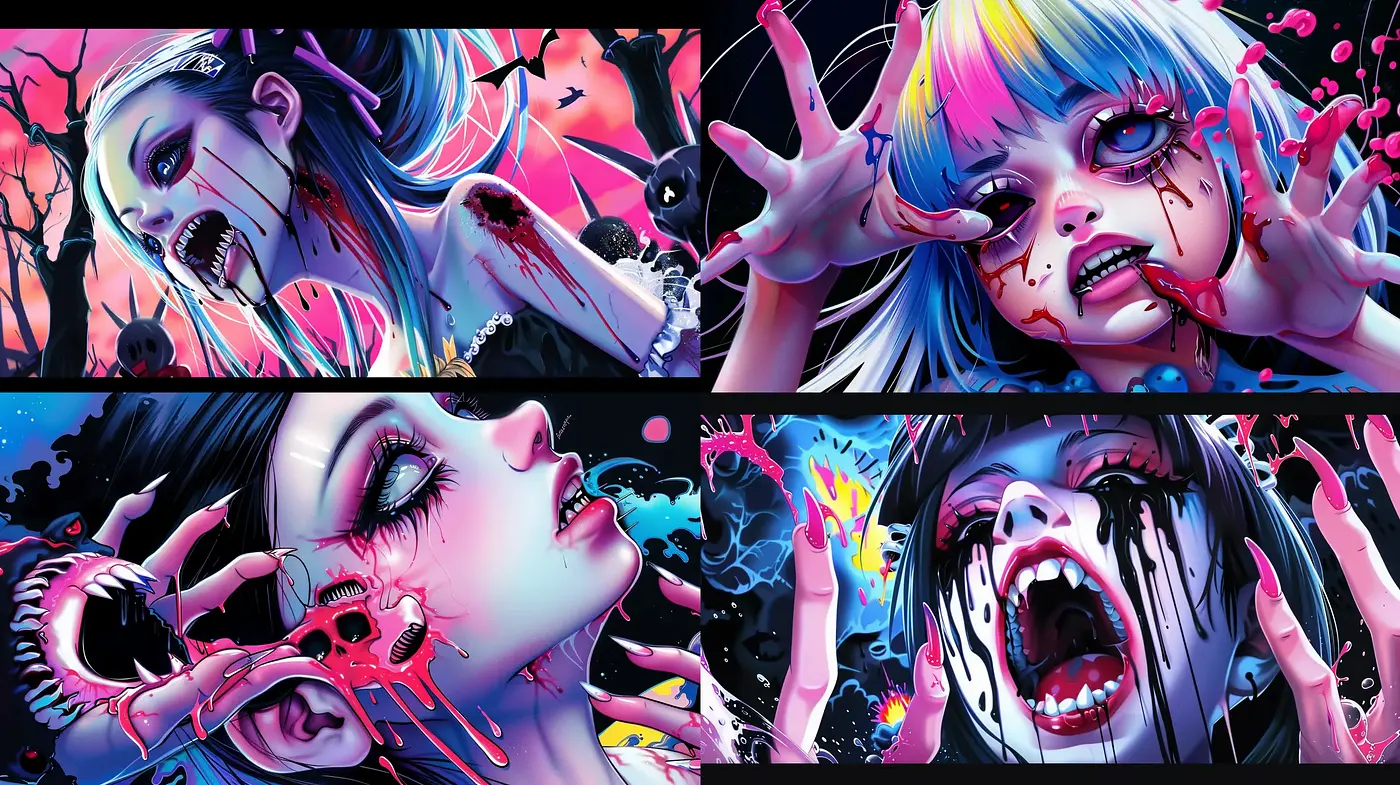 Surreal Horror Pop Art Blend with Neon Contrast - Midjourney sref style