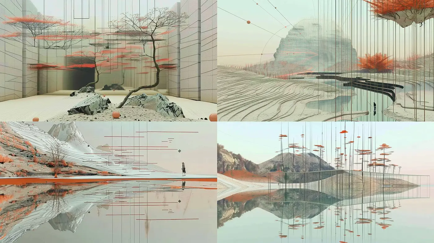 Ethereal Serenity: A Harmonious Blend of Surrealist Landscapes and Minimalist Aesthetics - Midjourney sref style