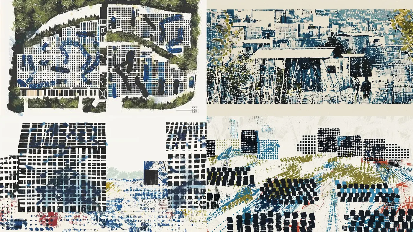 Fragmented Urban Tapestry: A Mosaic of Monochromatic Tones with Vibrant Accents - Midjourney sref style