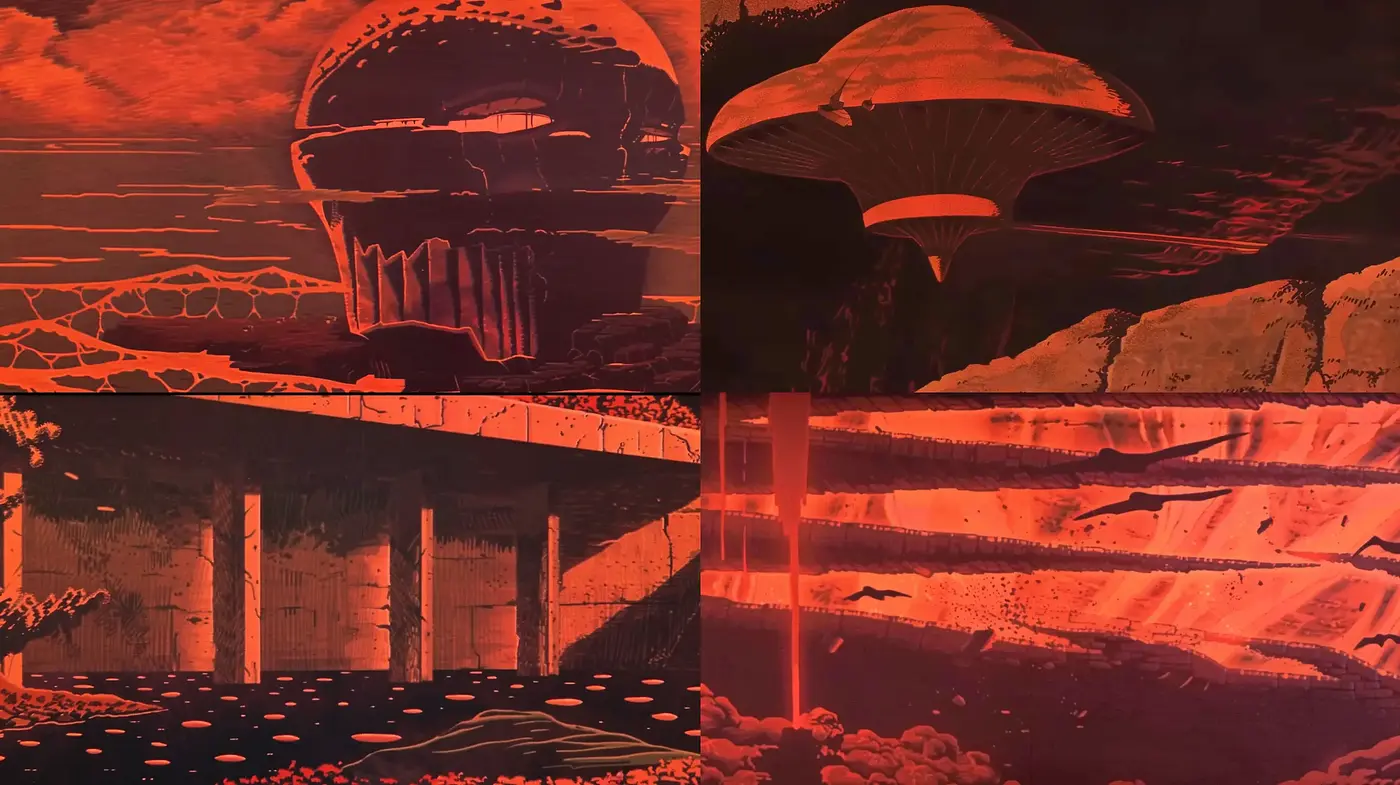 Surreal Crimson Dystopia: A Homage to Retrofuturism and Science Fiction - Midjourney sref style